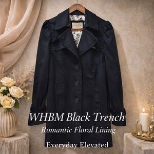 White House Black Market Black Trench Coat Floral Lining XS Missing Belt